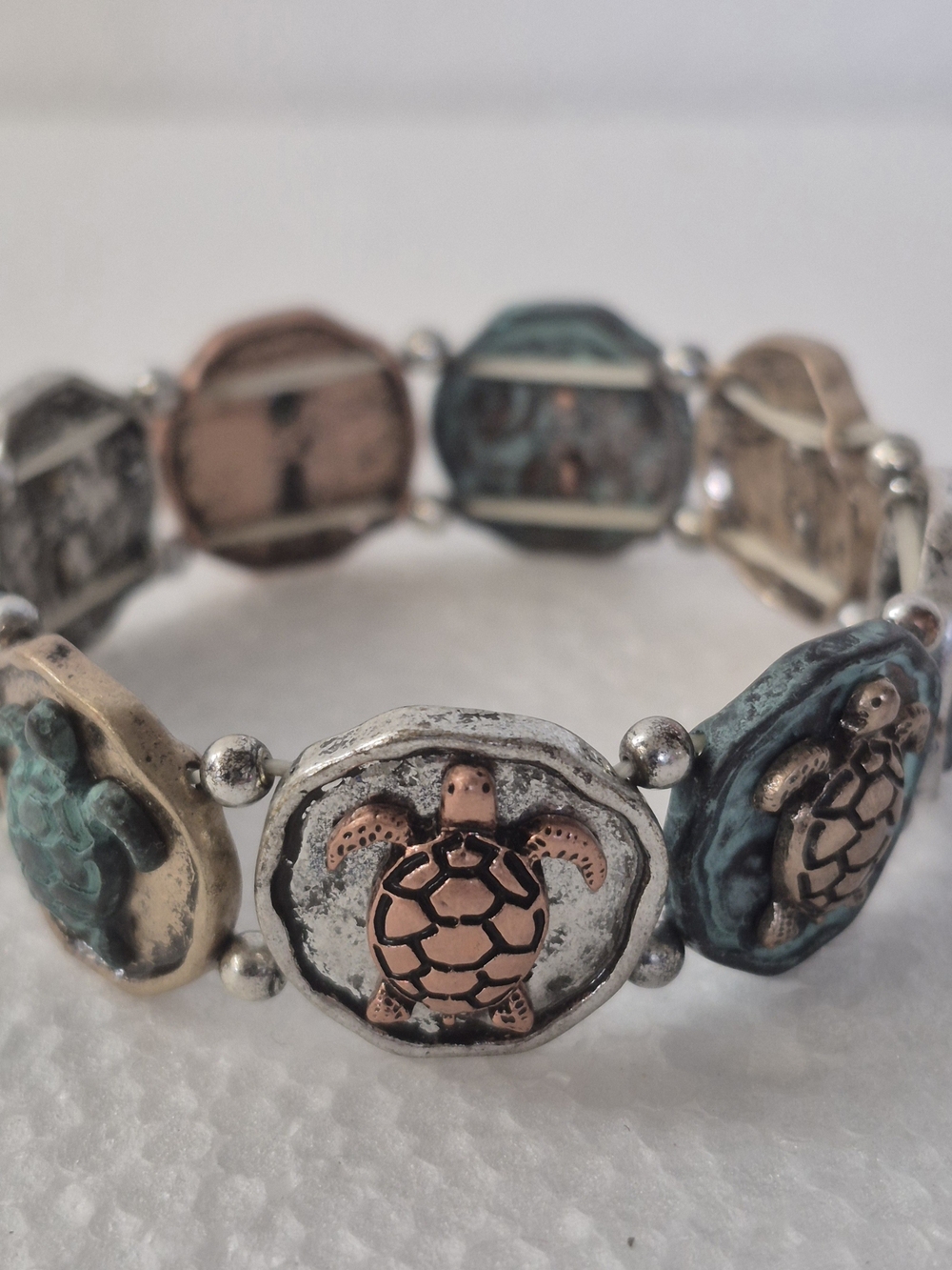 Vintage Mixed Metal Turtle Stretch Bracelet in Copper, Silver & Turquoise